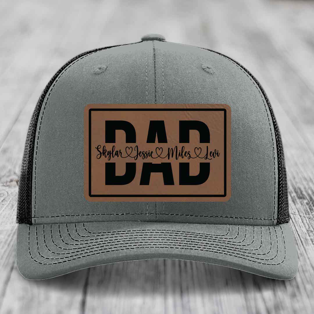 Dad Monogram (With Kids Names) - Leather Patch Hat - Dark Brown to Black Patch - Richardson 112 Snapback Trucker Hat