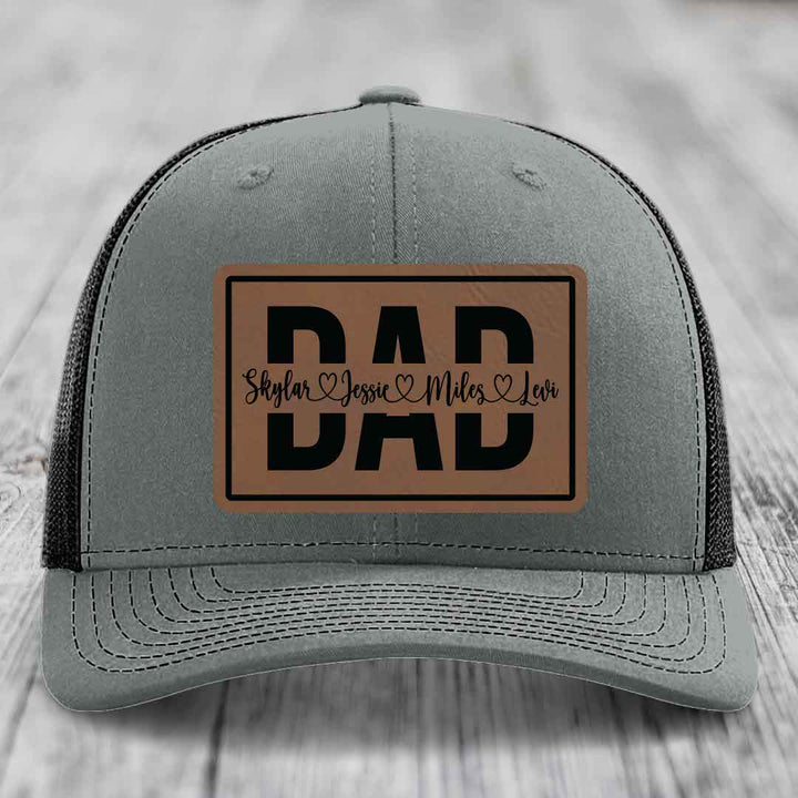 Dad Monogram (With Kids Names) - Leather Patch Hat - Dark Brown to Black Patch - Richardson 112 Snapback Trucker Hat