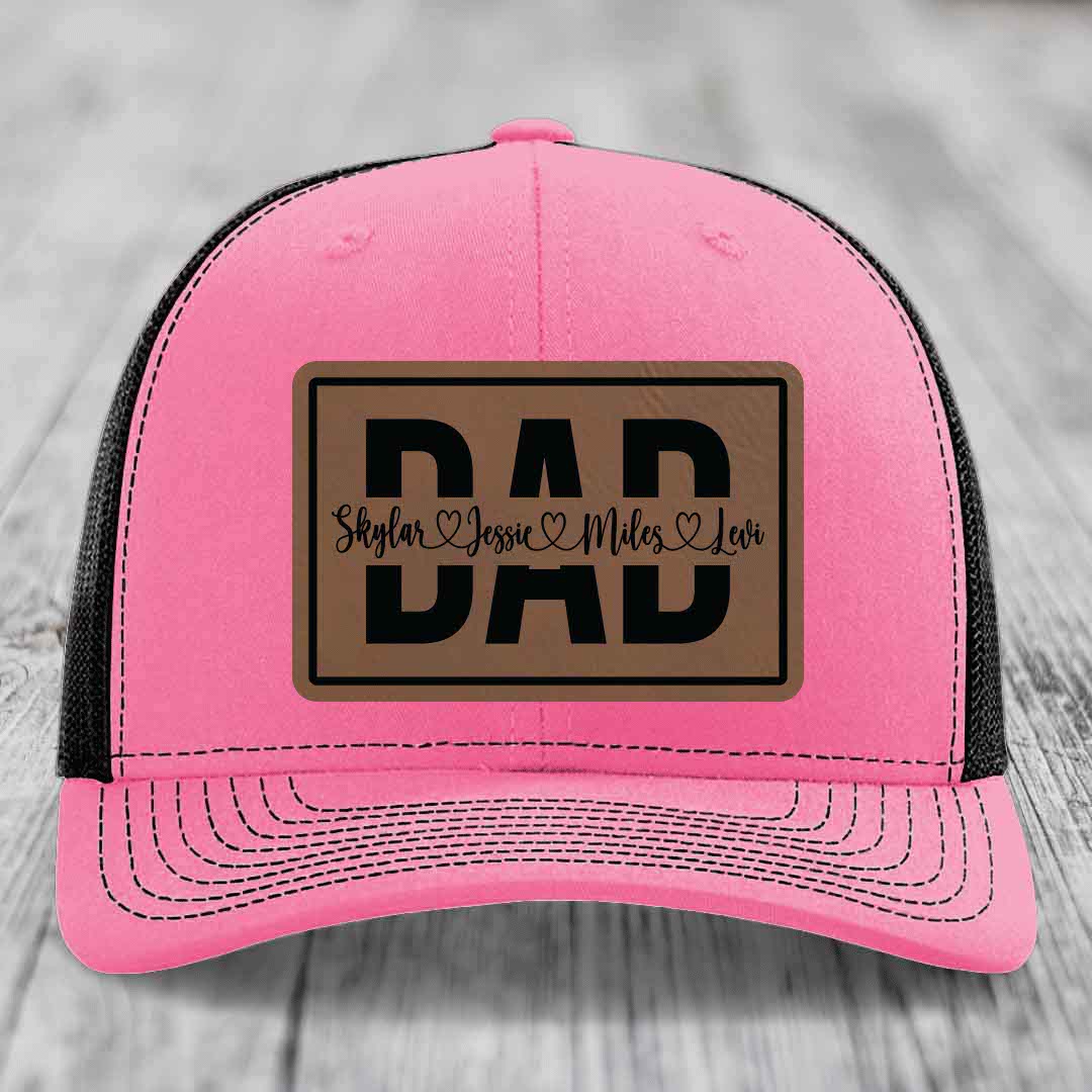 Dad Monogram (With Kids Names) - Leather Patch Hat - Dark Brown to Black Patch - Richardson 112 Snapback Trucker Hat