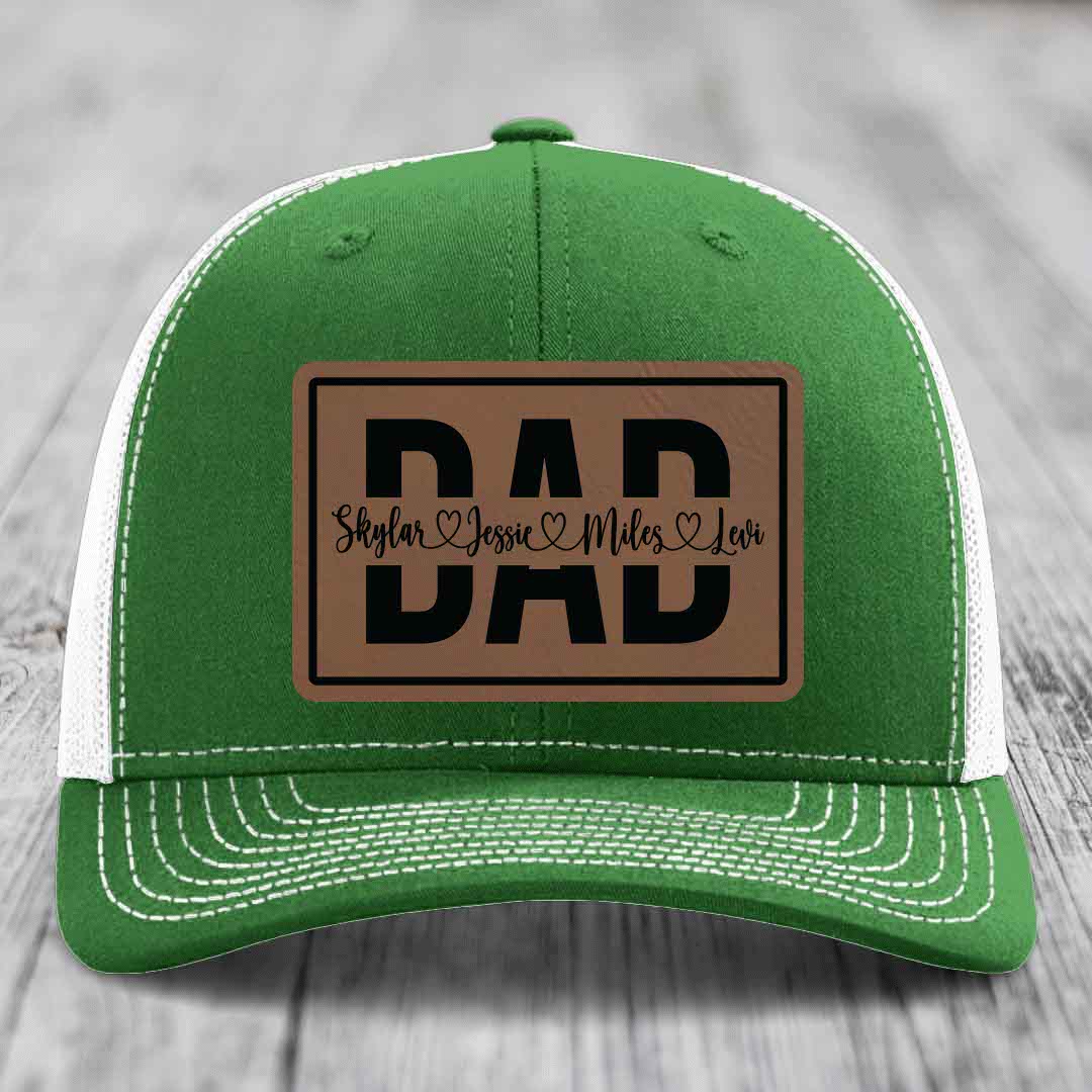 Dad Monogram (With Kids Names) - Leather Patch Hat - Dark Brown to Black Patch - Richardson 112 Snapback Trucker Hat