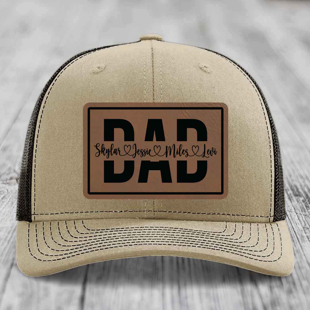 Dad Monogram (With Kids Names) - Leather Patch Hat - Dark Brown to Black Patch - Richardson 112 Snapback Trucker Hat