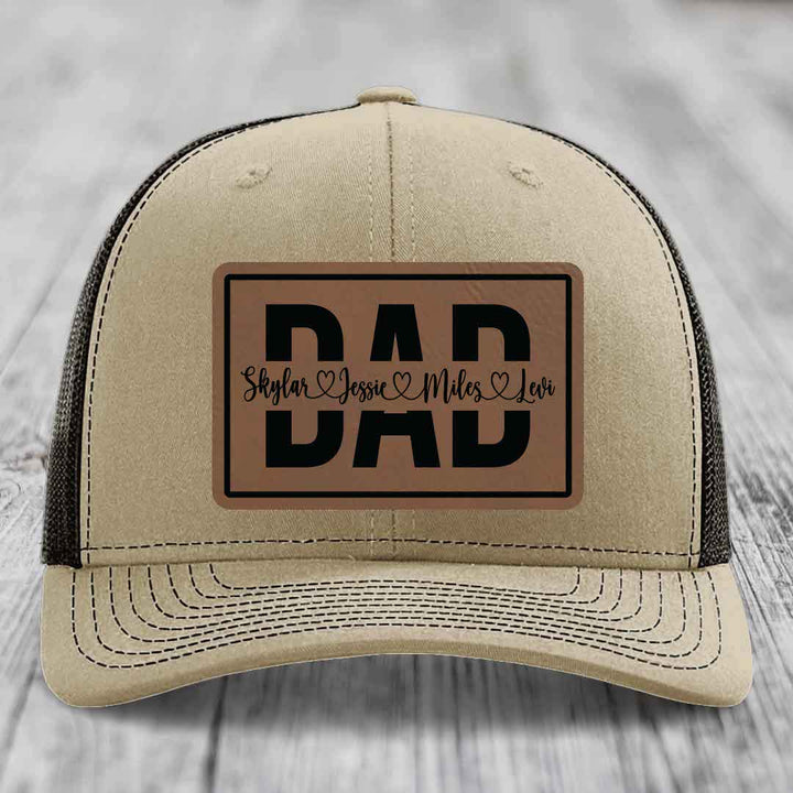 Dad Monogram (With Kids Names) - Leather Patch Hat - Dark Brown to Black Patch - Richardson 112 Snapback Trucker Hat