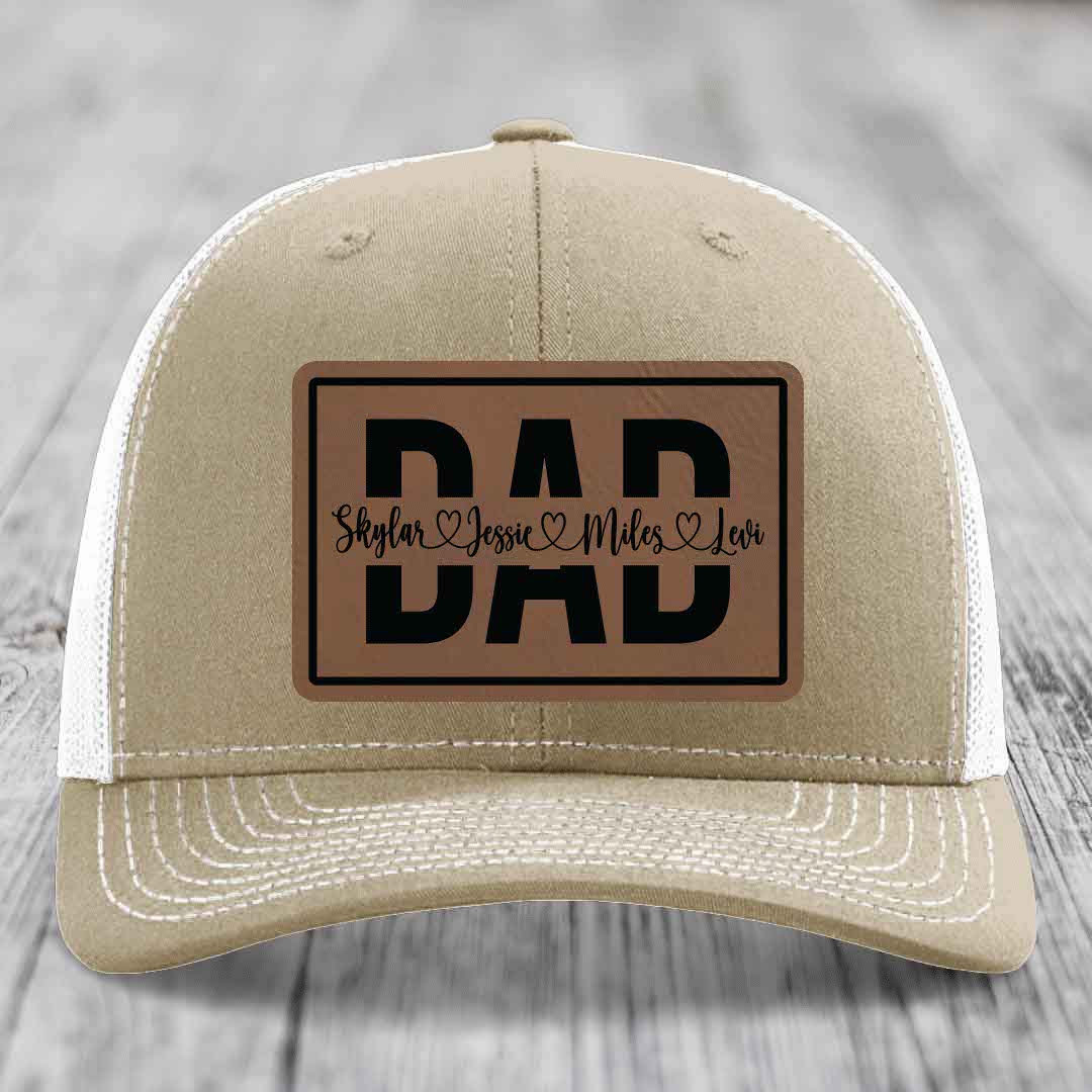 Dad Monogram (With Kids Names) - Leather Patch Hat - Dark Brown to Black Patch - Richardson 112 Snapback Trucker Hat