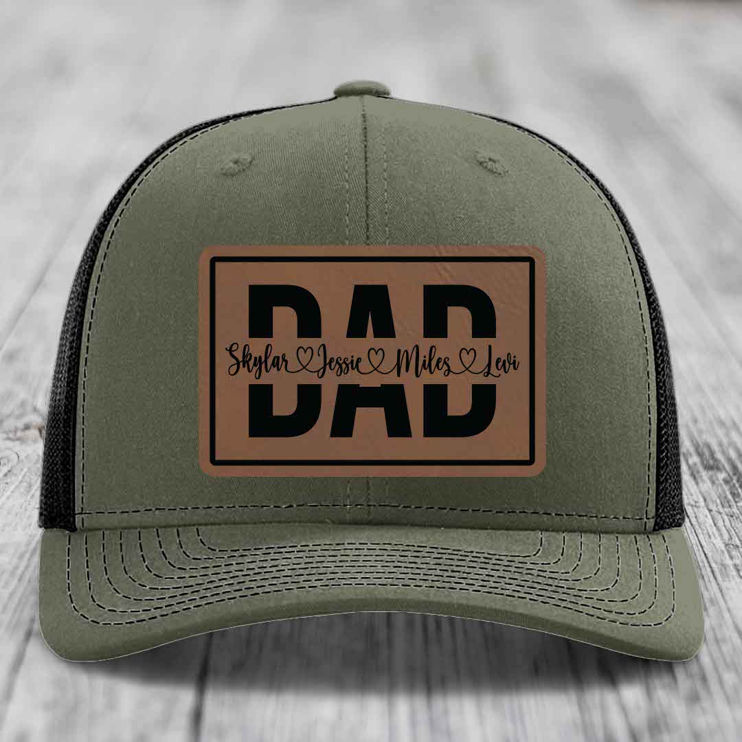 Dad Monogram (With Kids Names) - Leather Patch Hat - Dark Brown to Black Patch - Richardson 112 Snapback Trucker Hat