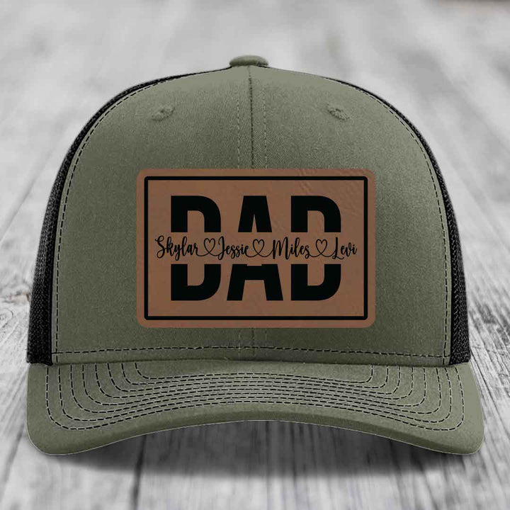 Dad Monogram (With Kids Names) - Leather Patch Hat - Dark Brown to Black Patch - Richardson 112 Snapback Trucker Hat