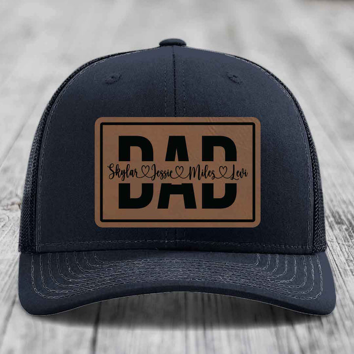 Dad Monogram (With Kids Names) - Leather Patch Hat - Dark Brown to Black Patch - Richardson 112 Snapback Trucker Hat