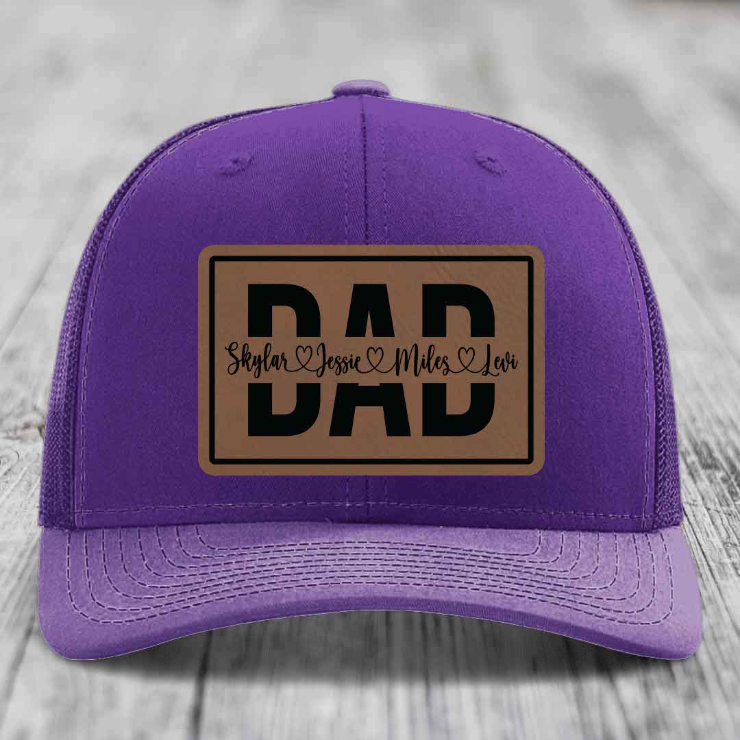 Dad Monogram (With Kids Names) - Leather Patch Hat - Dark Brown to Black Patch - Richardson 112 Snapback Trucker Hat