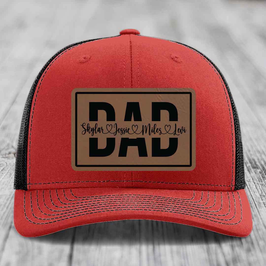 Dad Monogram (With Kids Names) - Leather Patch Hat - Dark Brown to Black Patch - Richardson 112 Snapback Trucker Hat