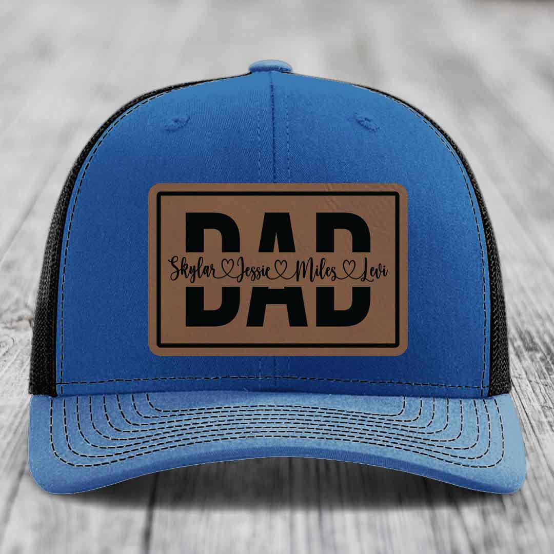 Dad Monogram (With Kids Names) - Leather Patch Hat - Dark Brown to Black Patch - Richardson 112 Snapback Trucker Hat