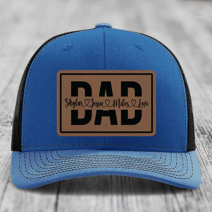 Dad Monogram (With Kids Names) - Leather Patch Hat - Dark Brown to Black Patch - Richardson 112 Snapback Trucker Hat