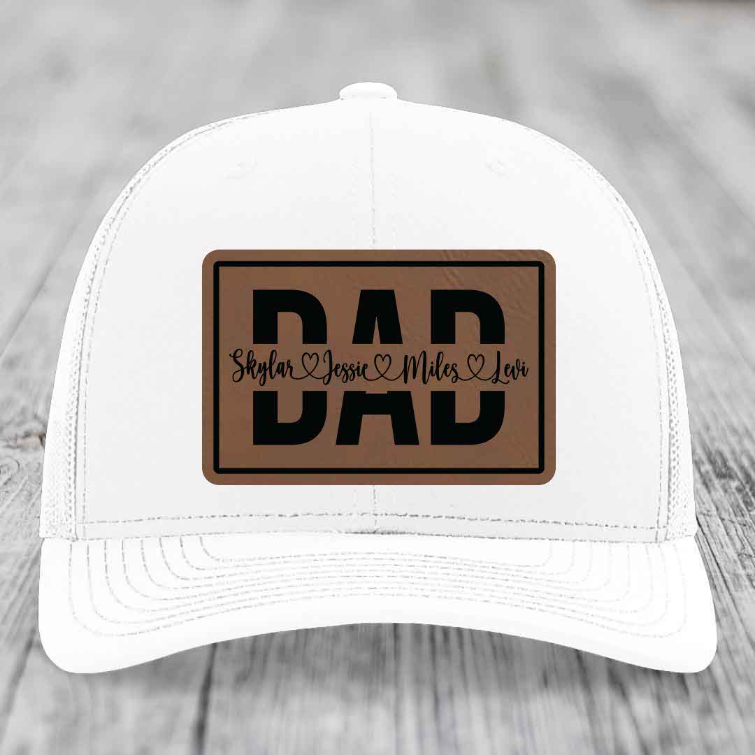 Dad Monogram (With Kids Names) - Leather Patch Hat - Dark Brown to Black Patch - Richardson 112 Snapback Trucker Hat
