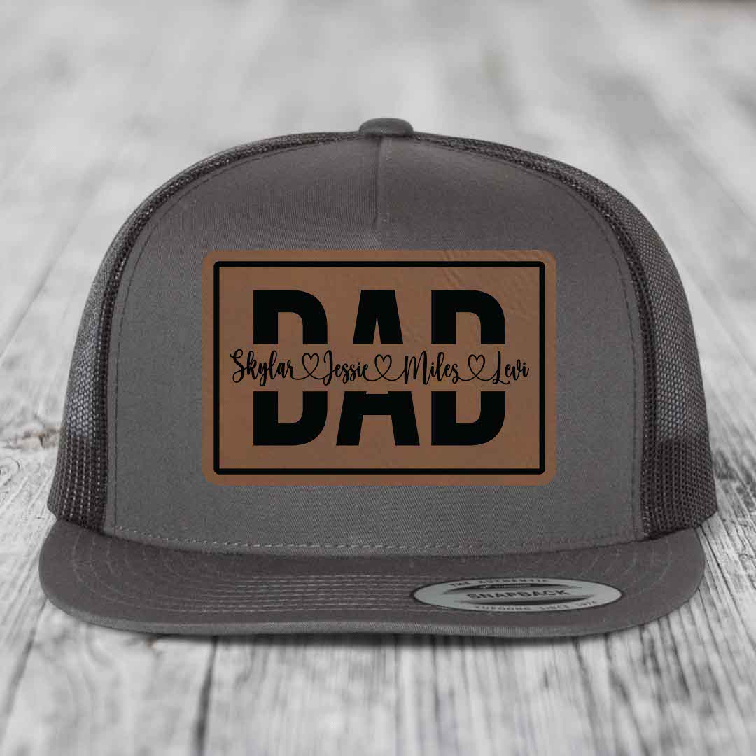 Dad Monogram (With Kids Names) - Leather Patch Hat - Dark Brown to Black Patch - Yupoong 6006 Snapback Flatbill Hat
