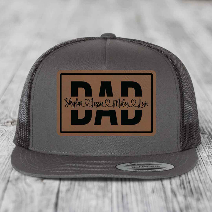 Dad Monogram (With Kids Names) - Leather Patch Hat - Dark Brown to Black Patch - Yupoong 6006 Snapback Flatbill Hat