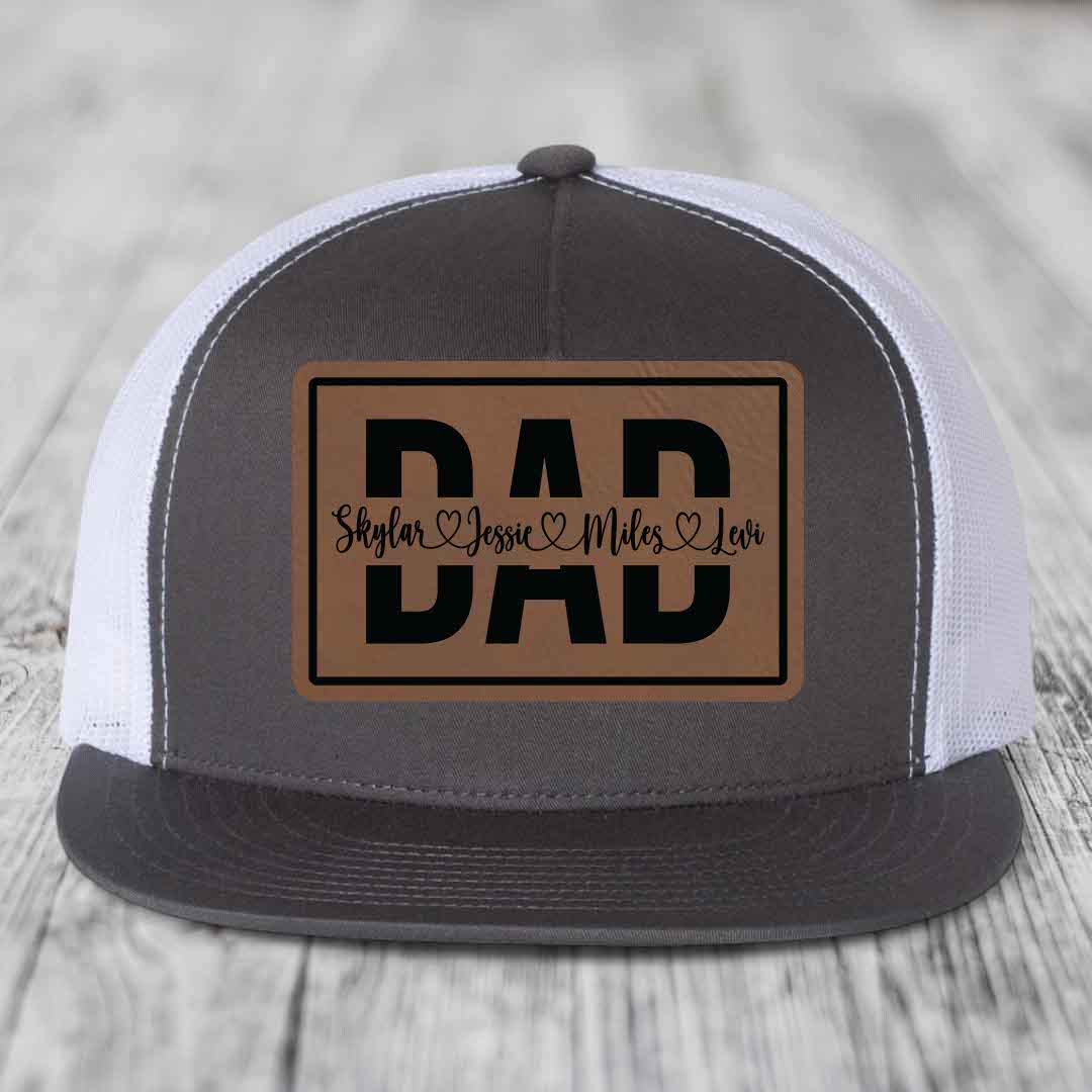 Dad Monogram (With Kids Names) - Leather Patch Hat - Dark Brown to Black Patch - Yupoong 6006 Snapback Flatbill Hat