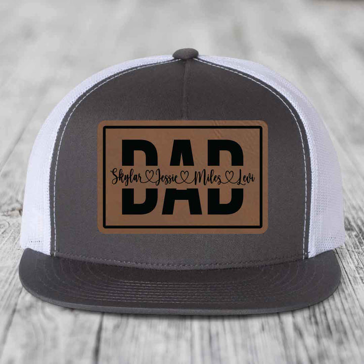 Dad Monogram (With Kids Names) - Leather Patch Hat - Dark Brown to Black Patch - Yupoong 6006 Snapback Flatbill Hat