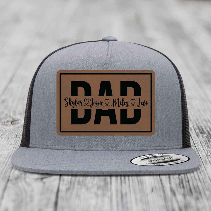 Dad Monogram (With Kids Names) - Leather Patch Hat - Dark Brown to Black Patch - Yupoong 6006 Snapback Flatbill Hat