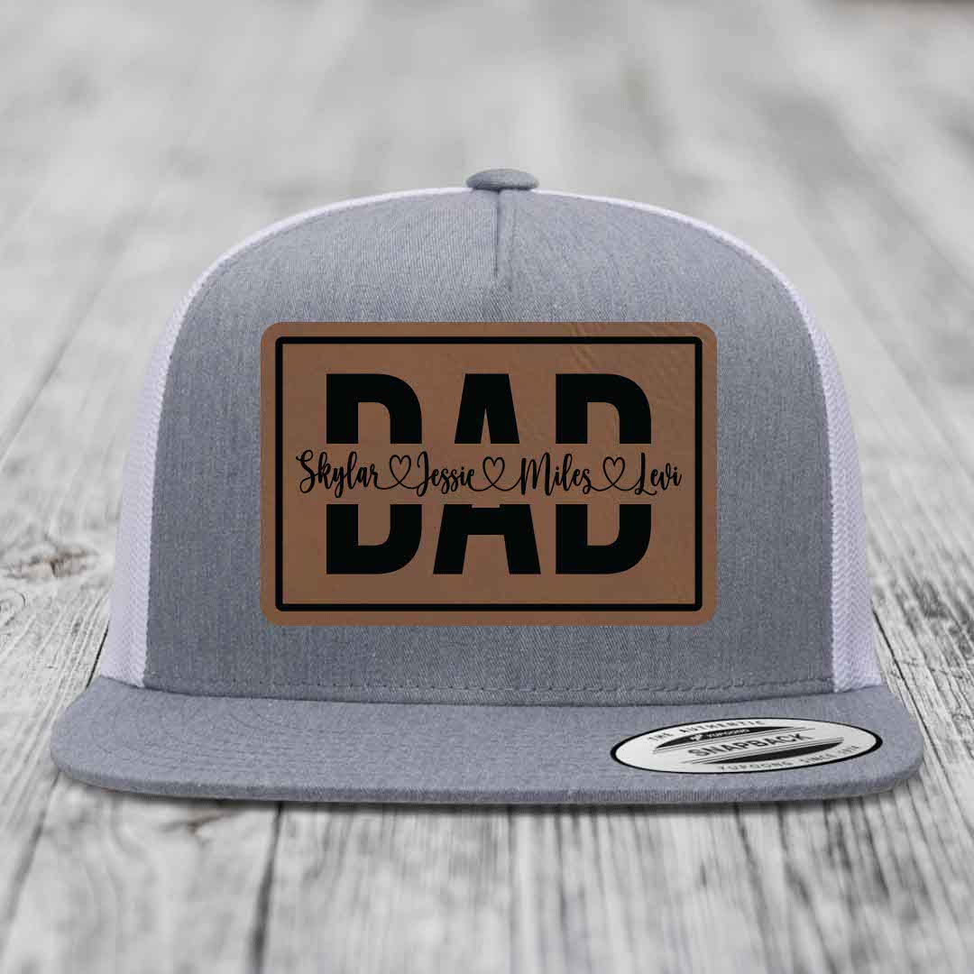 Dad Monogram (With Kids Names) - Leather Patch Hat - Dark Brown to Black Patch - Yupoong 6006 Snapback Flatbill Hat