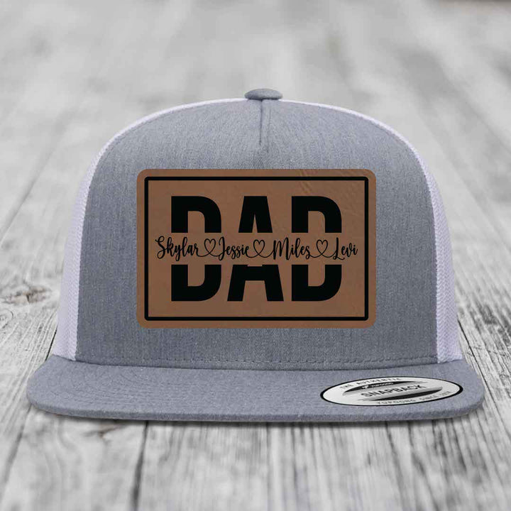 Dad Monogram (With Kids Names) - Leather Patch Hat - Dark Brown to Black Patch - Yupoong 6006 Snapback Flatbill Hat