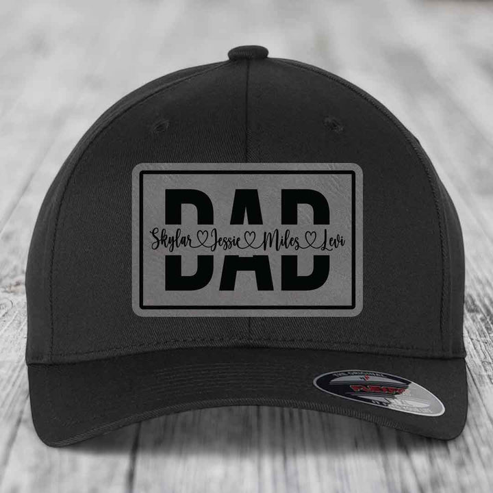 Dad Monogram (With Kids Names) - Leather Patch Hat - Grey to Black Patch - Flexfit 6277 Fitted Hat