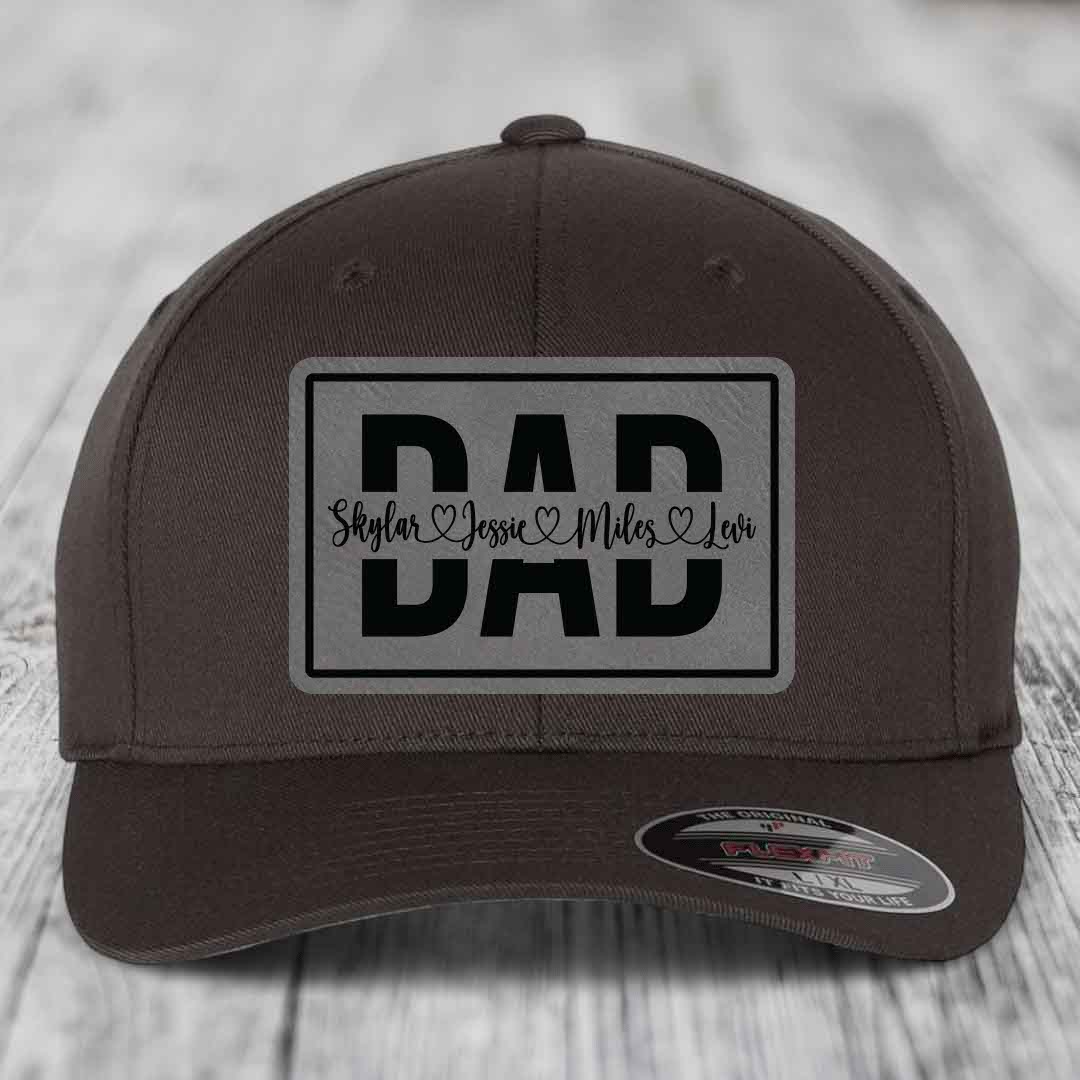 Dad Monogram (With Kids Names) - Leather Patch Hat - Grey to Black Patch - Flexfit 6277 Fitted Hat