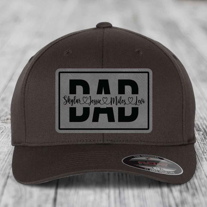 Dad Monogram (With Kids Names) - Leather Patch Hat - Grey to Black Patch - Flexfit 6277 Fitted Hat
