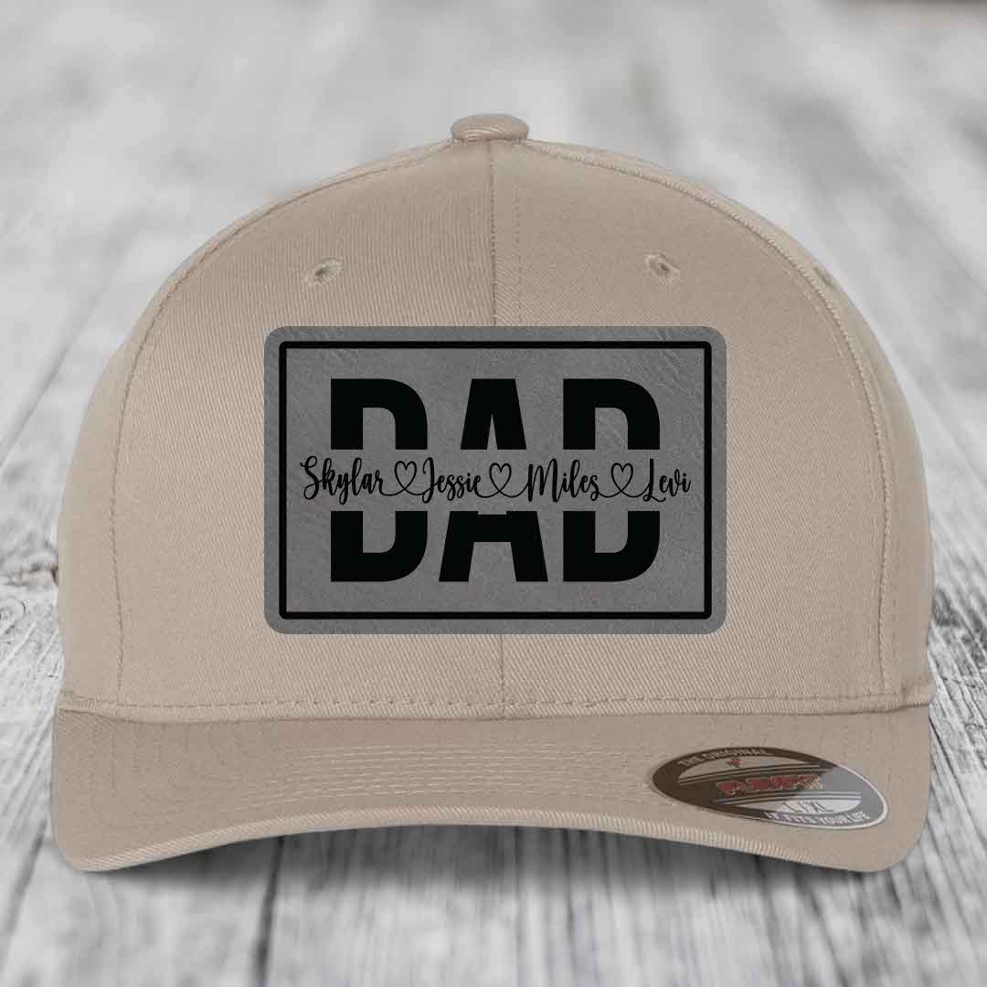Dad Monogram (With Kids Names) - Leather Patch Hat - Grey to Black Patch - Flexfit 6277 Fitted Hat