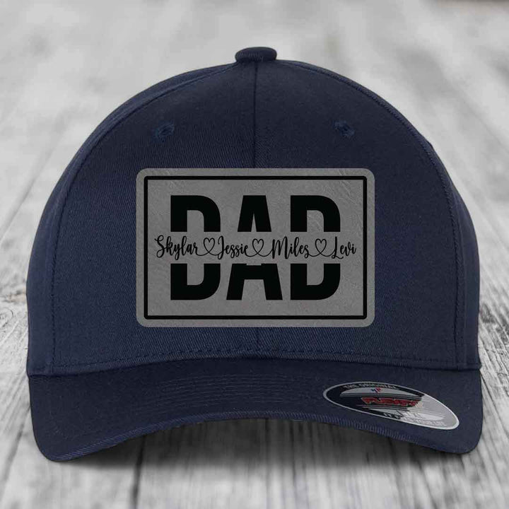 Dad Monogram (With Kids Names) - Leather Patch Hat - Grey to Black Patch - Flexfit 6277 Fitted Hat