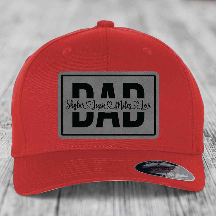Dad Monogram (With Kids Names) - Leather Patch Hat - Grey to Black Patch - Flexfit 6277 Fitted Hat