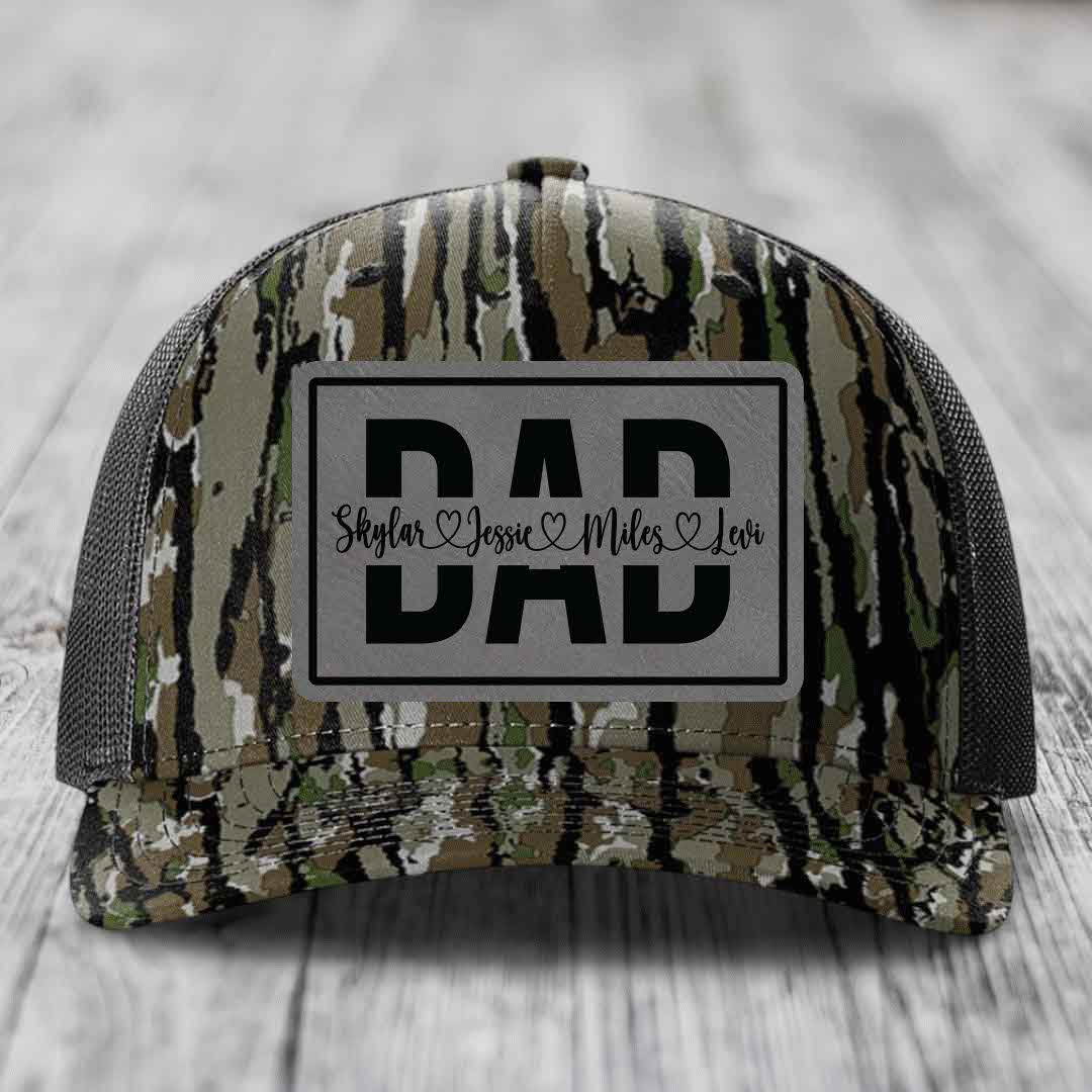 Dad Monogram (With Kids Names) - Leather Patch Hat - Grey to Black Patch - Richardson 112PFP Snapback Trucker Hat