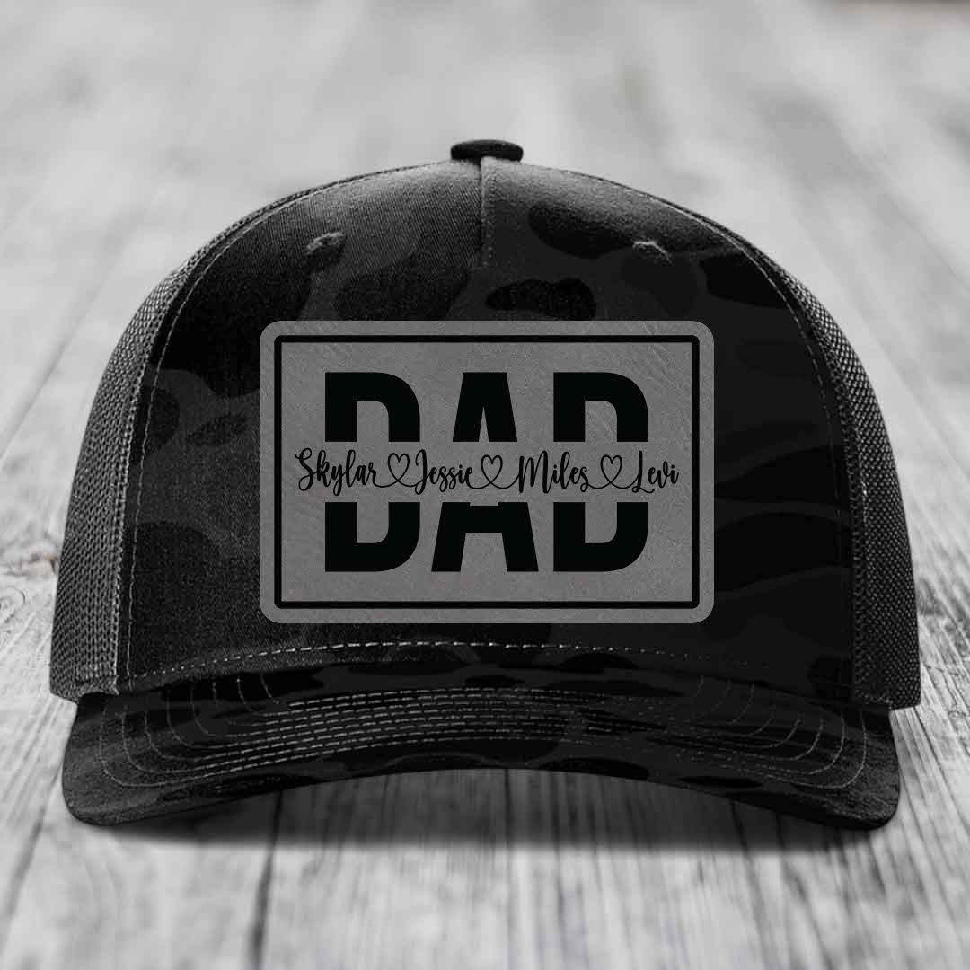 Dad Monogram (With Kids Names) - Leather Patch Hat - Grey to Black Patch - Richardson 112PFP Snapback Trucker Hat