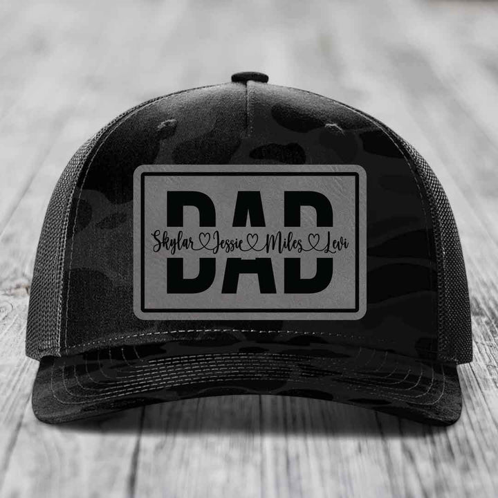 Dad Monogram (With Kids Names) - Leather Patch Hat - Grey to Black Patch - Richardson 112PFP Snapback Trucker Hat