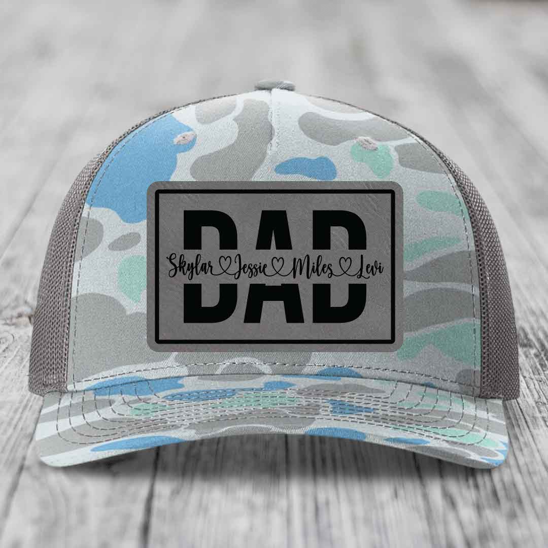 Dad Monogram (With Kids Names) - Leather Patch Hat - Grey to Black Patch - Richardson 112PFP Snapback Trucker Hat