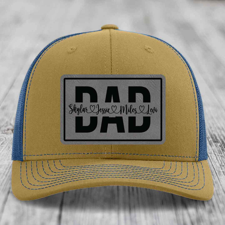 Dad Monogram (With Kids Names) - Leather Patch Hat - Grey to Black Patch - Richardson 112 Snapback Trucker Hat