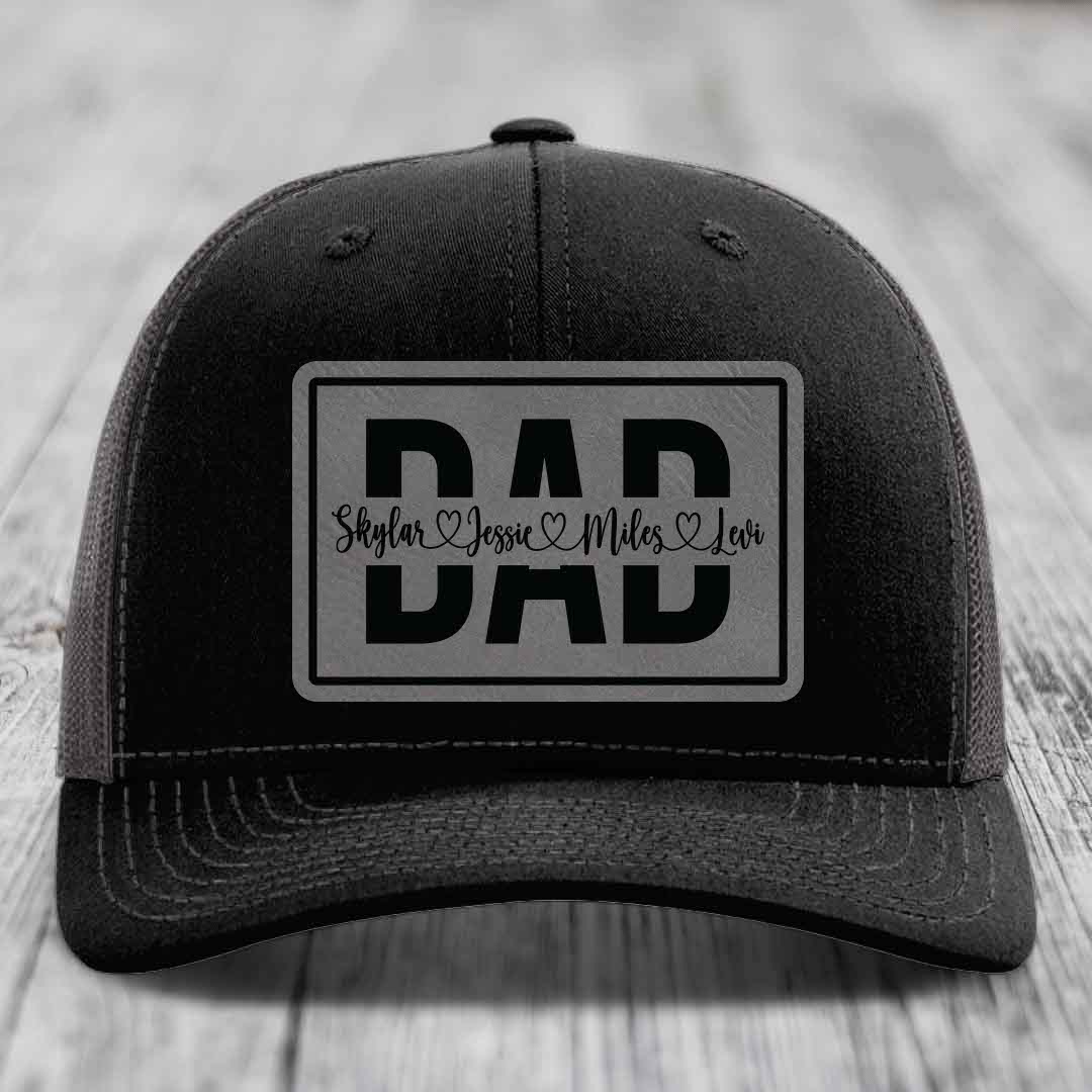 Dad Monogram (With Kids Names) - Leather Patch Hat - Grey to Black Patch - Richardson 112 Snapback Trucker Hat