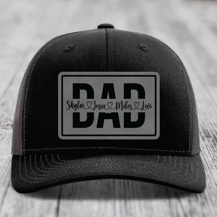 Dad Monogram (With Kids Names) - Leather Patch Hat - Grey to Black Patch - Richardson 112 Snapback Trucker Hat