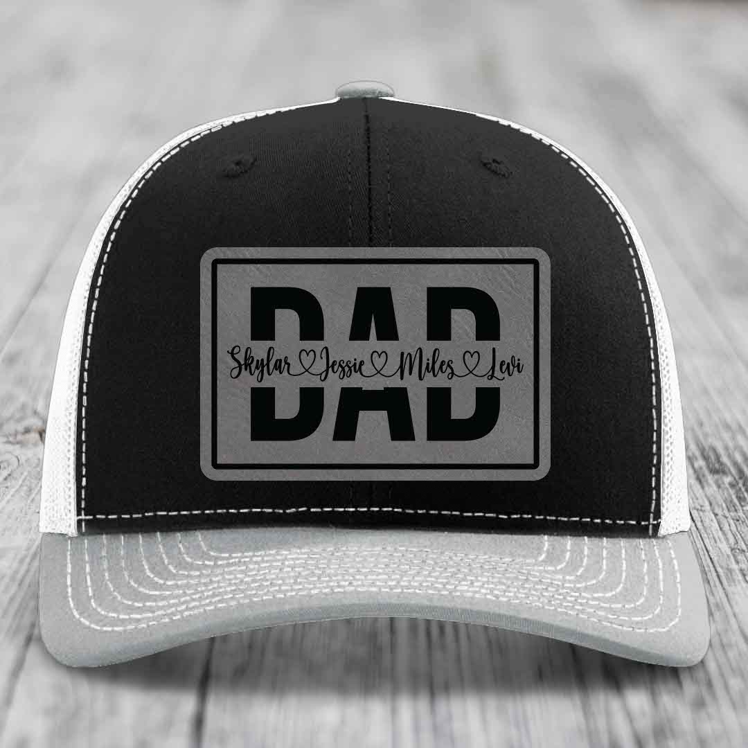 Dad Monogram (With Kids Names) - Leather Patch Hat - Grey to Black Patch - Richardson 112 Snapback Trucker Hat