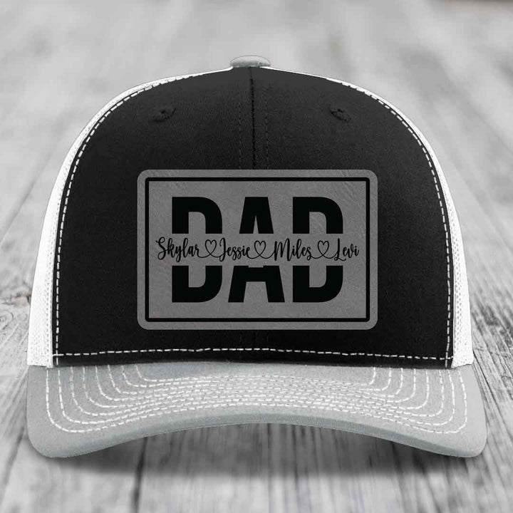 Dad Monogram (With Kids Names) - Leather Patch Hat - Grey to Black Patch - Richardson 112 Snapback Trucker Hat
