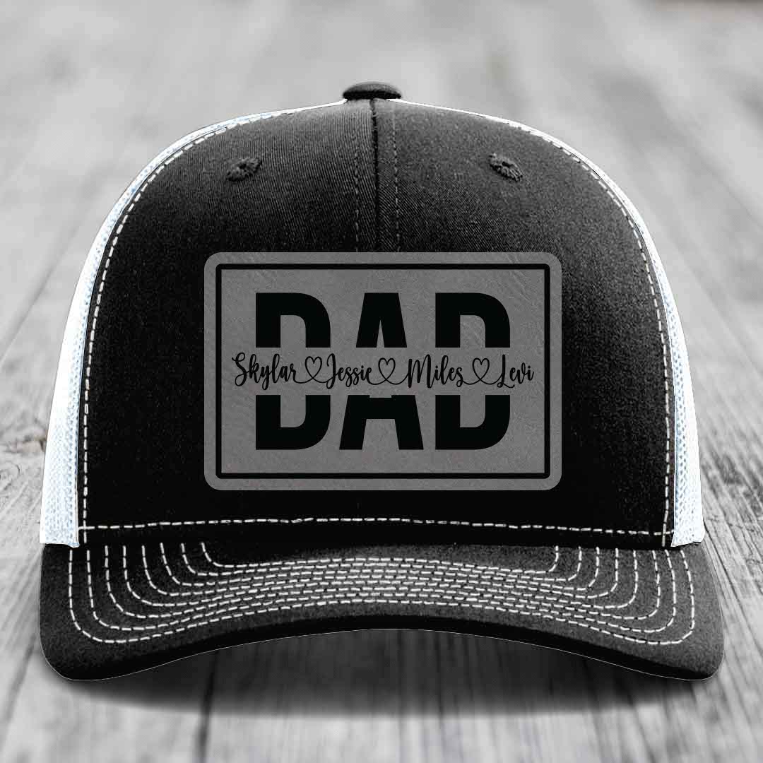 Dad Monogram (With Kids Names) - Leather Patch Hat - Grey to Black Patch - Richardson 112 Snapback Trucker Hat