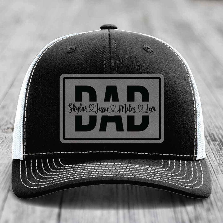 Dad Monogram (With Kids Names) - Leather Patch Hat - Grey to Black Patch - Richardson 112 Snapback Trucker Hat
