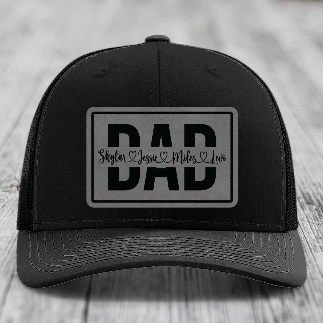 Dad Monogram (With Kids Names) - Leather Patch Hat - Grey to Black Patch - Richardson 112 Snapback Trucker Hat