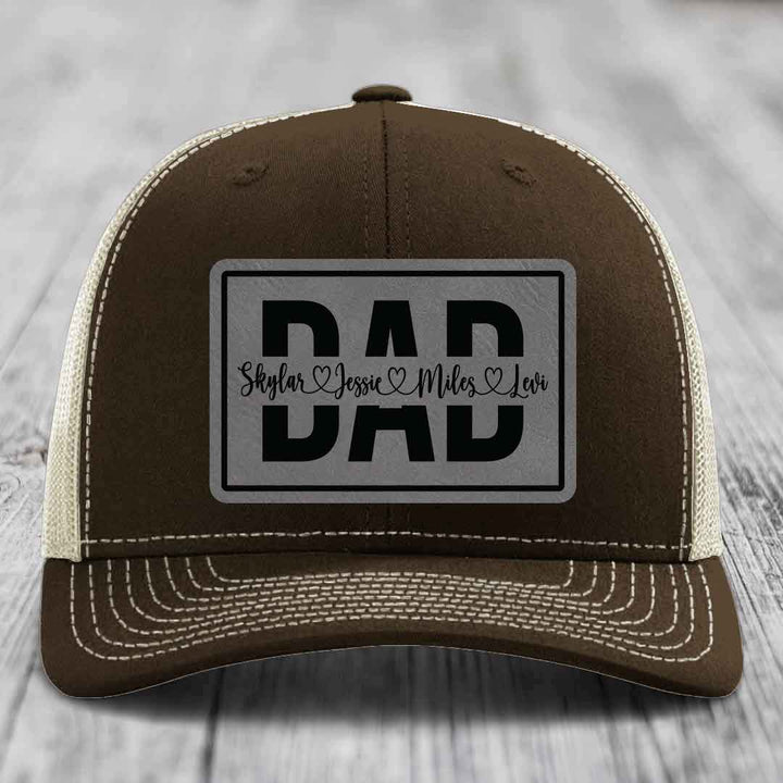 Dad Monogram (With Kids Names) - Leather Patch Hat - Grey to Black Patch - Richardson 112 Snapback Trucker Hat