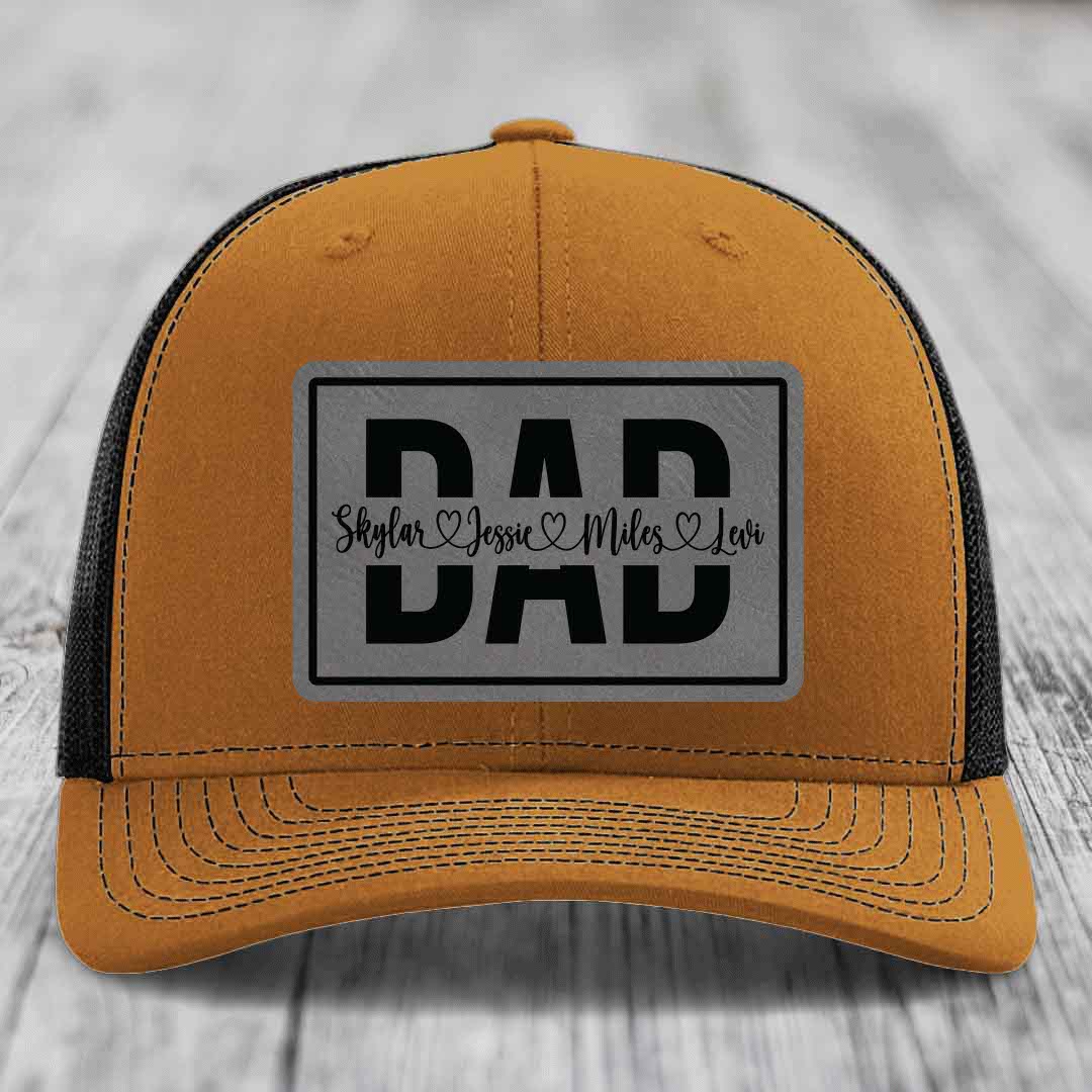 Dad Monogram (With Kids Names) - Leather Patch Hat - Grey to Black Patch - Richardson 112 Snapback Trucker Hat