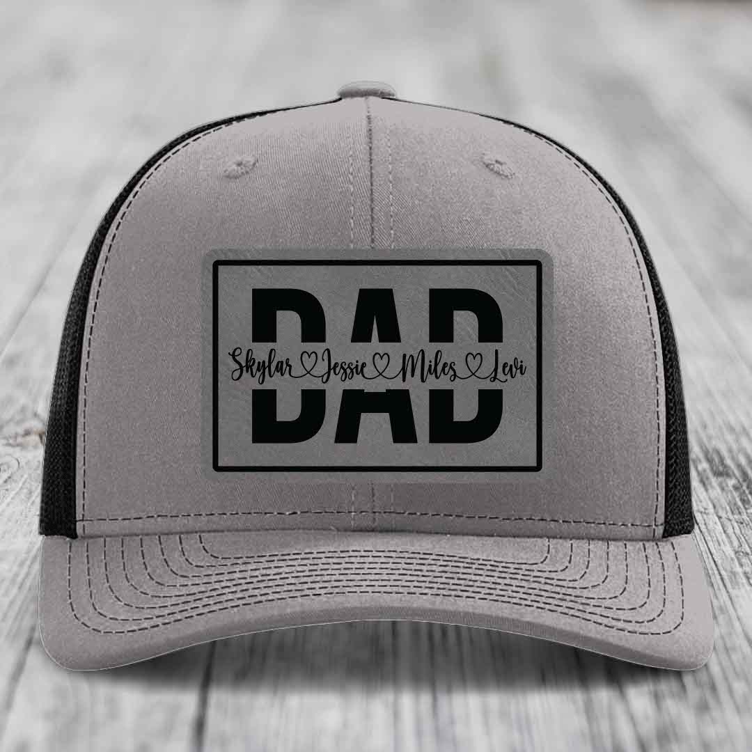 Dad Monogram (With Kids Names) - Leather Patch Hat - Grey to Black Patch - Richardson 112 Snapback Trucker Hat
