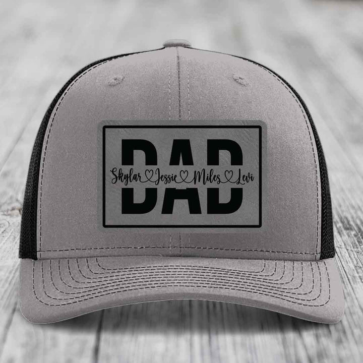 Dad Monogram (With Kids Names) - Leather Patch Hat - Grey to Black Patch - Richardson 112 Snapback Trucker Hat
