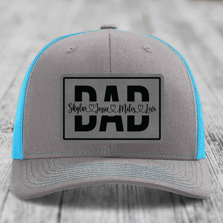 Dad Monogram (With Kids Names) - Leather Patch Hat - Grey to Black Patch - Richardson 112 Snapback Trucker Hat