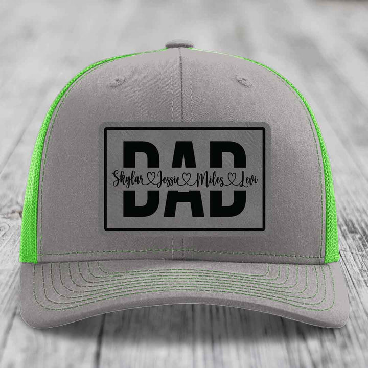 Dad Monogram (With Kids Names) - Leather Patch Hat - Grey to Black Patch - Richardson 112 Snapback Trucker Hat