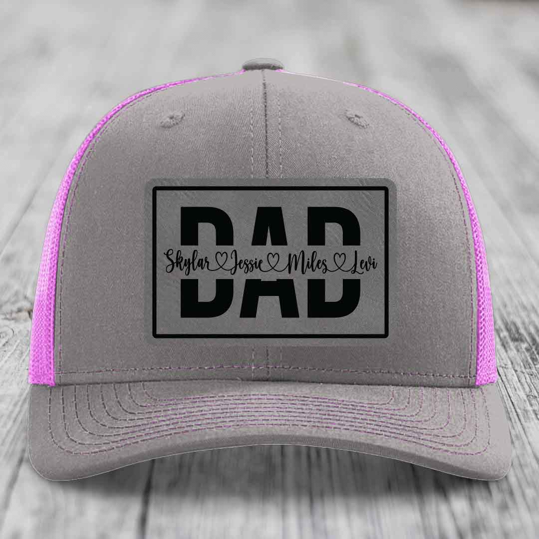 Dad Monogram (With Kids Names) - Leather Patch Hat - Grey to Black Patch - Richardson 112 Snapback Trucker Hat