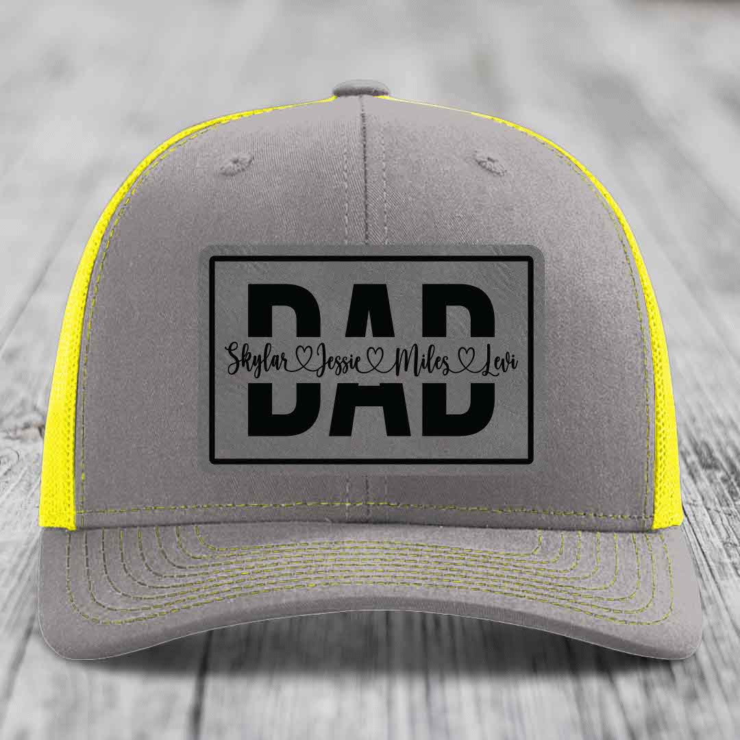 Dad Monogram (With Kids Names) - Leather Patch Hat - Grey to Black Patch - Richardson 112 Snapback Trucker Hat