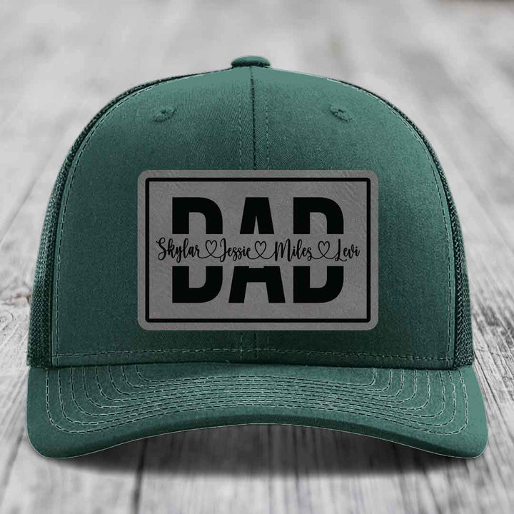 Dad Monogram (With Kids Names) - Leather Patch Hat - Grey to Black Patch - Richardson 112 Snapback Trucker Hat
