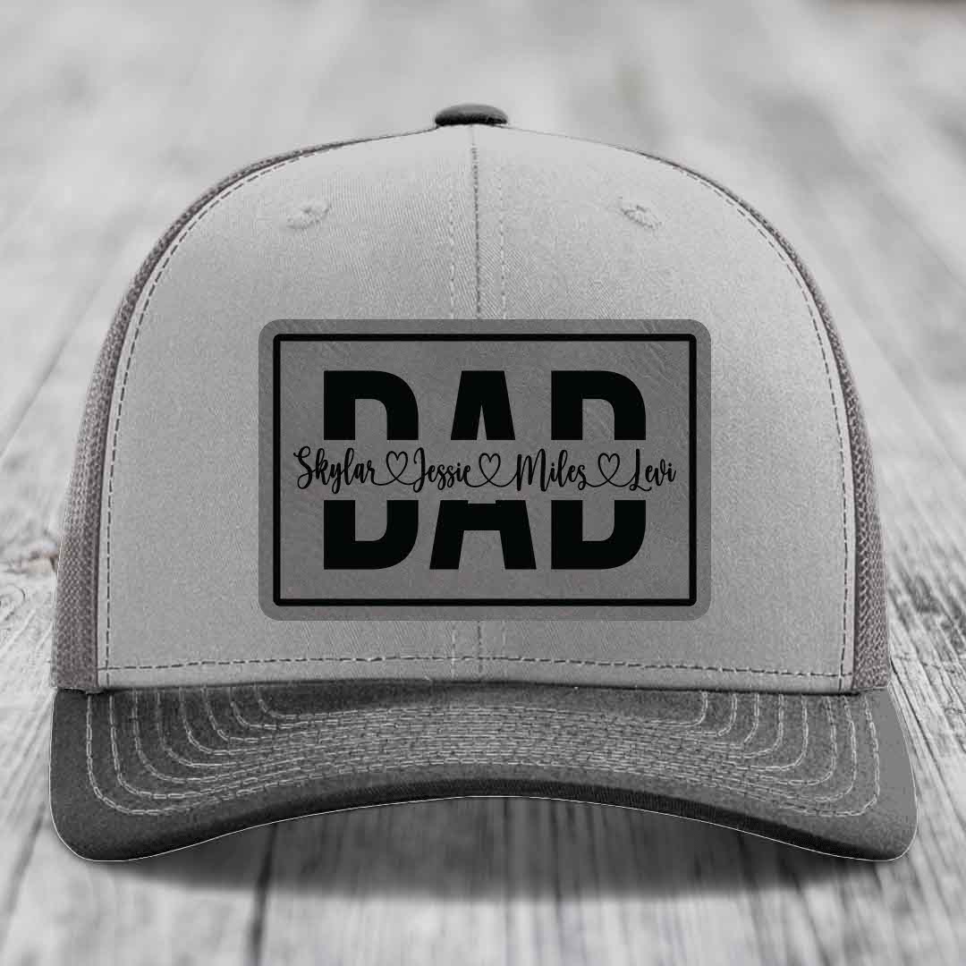 Dad Monogram (With Kids Names) - Leather Patch Hat - Grey to Black Patch - Richardson 112 Snapback Trucker Hat